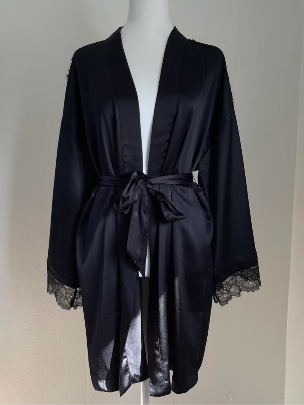 Victoria's Secret Black Satin Robe with Lace Cuff